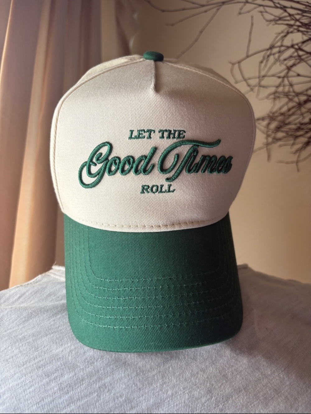 Anthropologie Cream and Green 'Let the Good Times Roll' Trucker Hat
